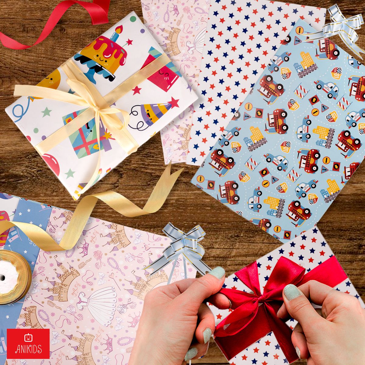 ANIKIDS - Set 12 Papel De Regalo Navidad Surtidos Cintas Lazos 75x51cm