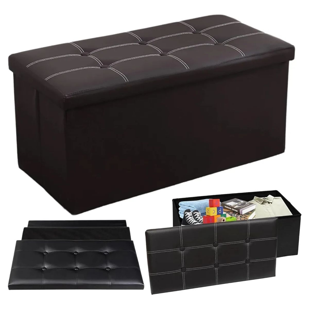 EVERSO - Banqueta Baul Puff Sillon Organizador Plegable 76x38cm Negro