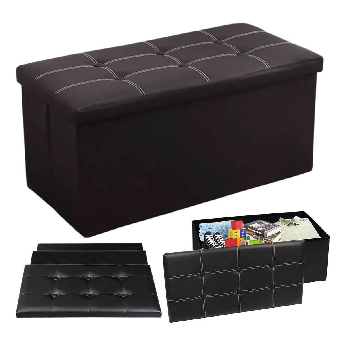 EVERSO - Banqueta Baul Puff Sillon Organizador Plegable 76x38cm Negro