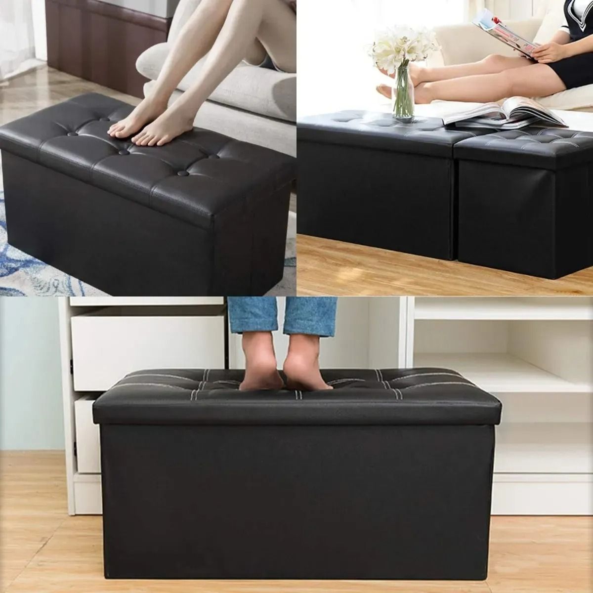 EVERSO - Banqueta Baul Puff Sillon Organizador Plegable 76x38cm Negro