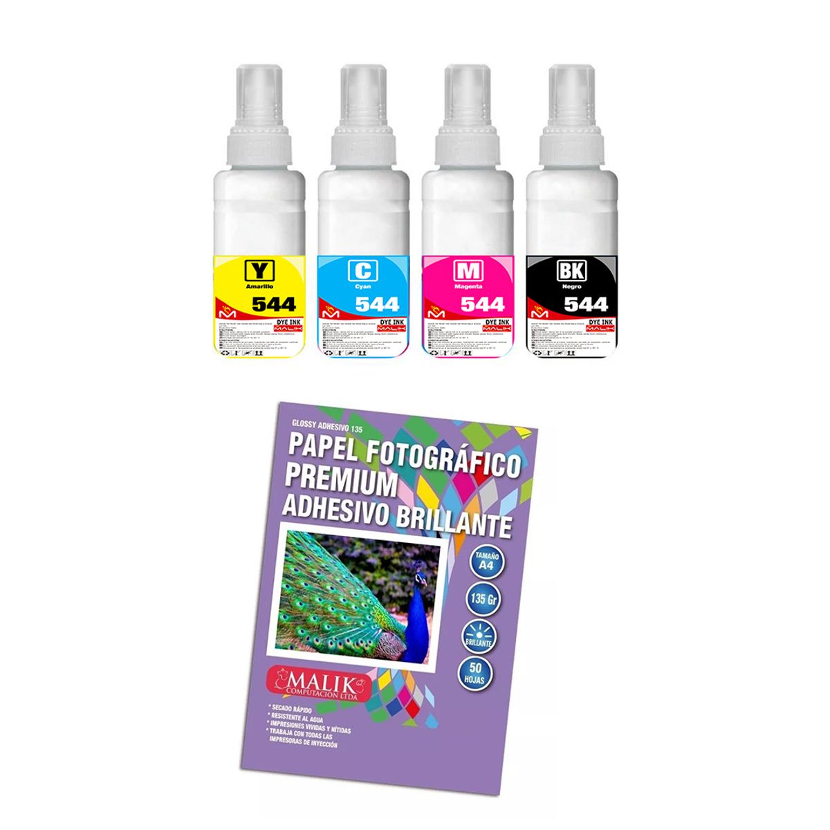 MALIK - Papel Adhesivo Glossy 135gm50hjs+4 Tintas para Epsn L220