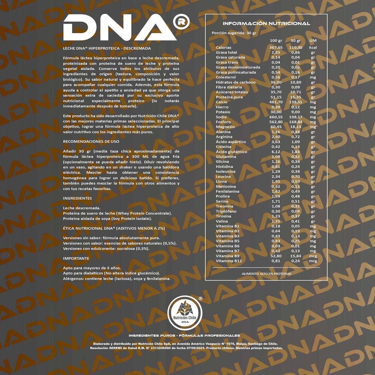 DNA - LECHE PROTEIN D N A® - DESCREMADA EN POLVO - PURA - RECARGA 1 KILO