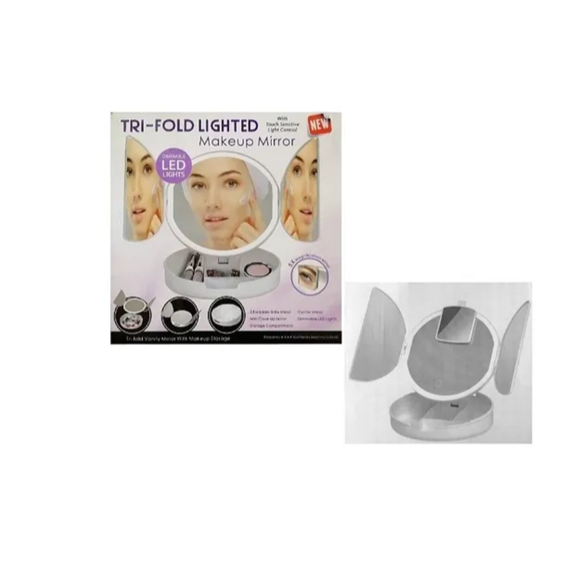 GENERICO - Espejo Tocador Triple Con Compartimiento Aumento 5x Luz Led