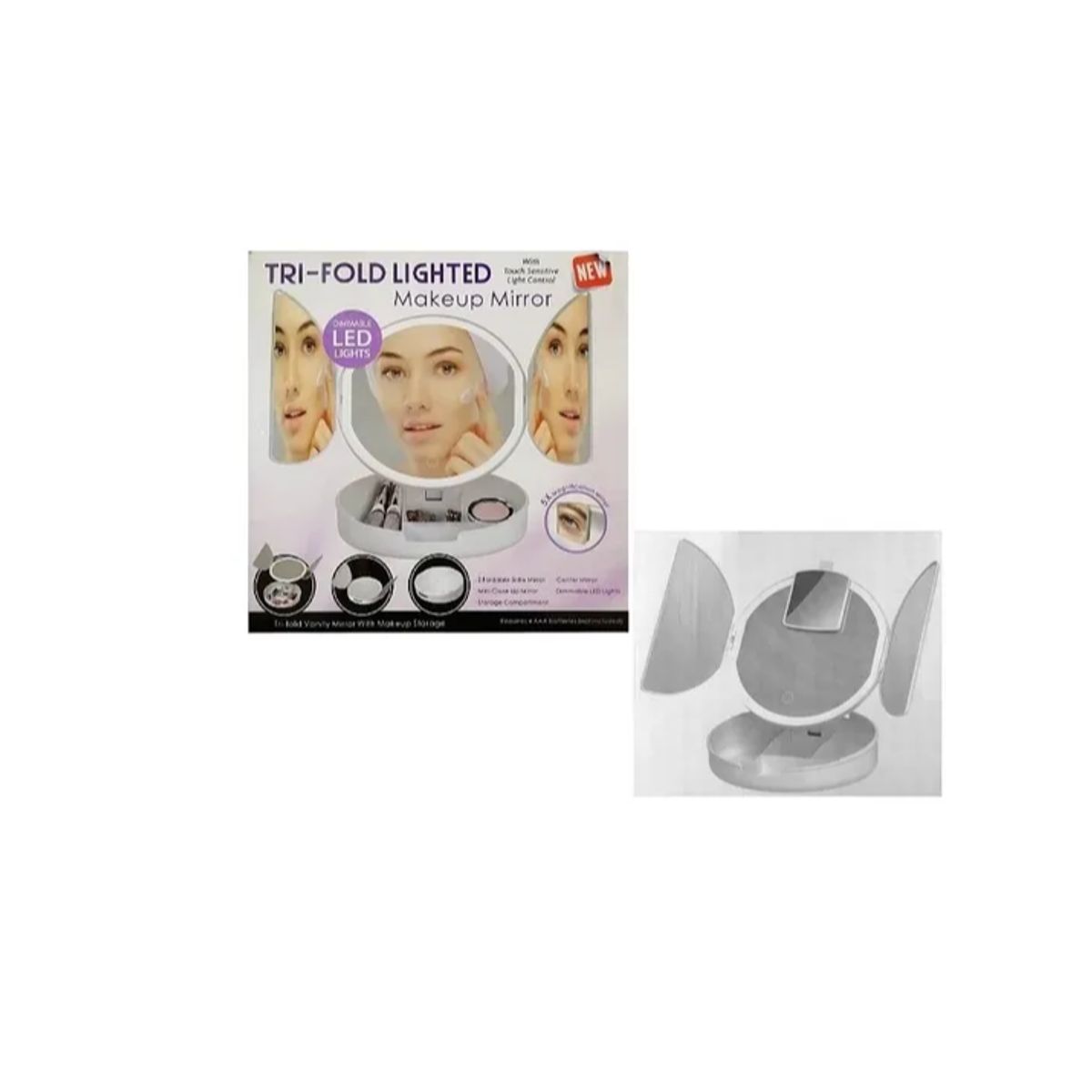 GENERICO - Espejo Tocador Triple Con Compartimiento Aumento 5x Luz Led