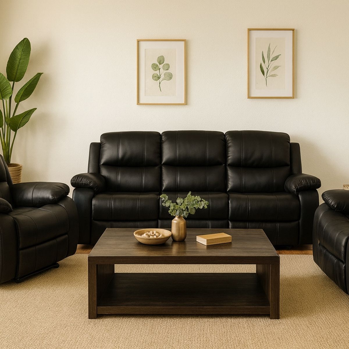 SWEET HOGAR - Living Sofá 3 Cuerpos Reclinable color negro mate + 2 Bergers de 1 cuerpo