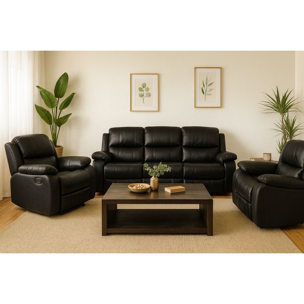 SWEET HOGAR - Living Sofá 3 Cuerpos Reclinable color negro mate + 2 Bergers de 1 cuerpo