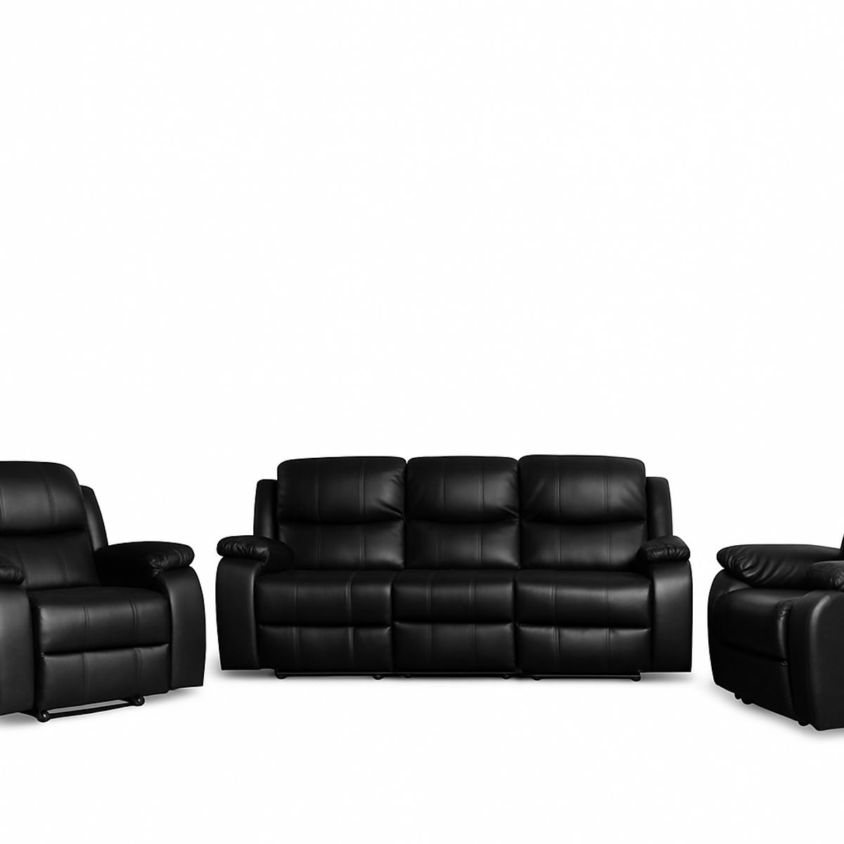 SWEET HOGAR - Living Sofá 3 Cuerpos Reclinable color negro mate + 2 Bergers de 1 cuerpo