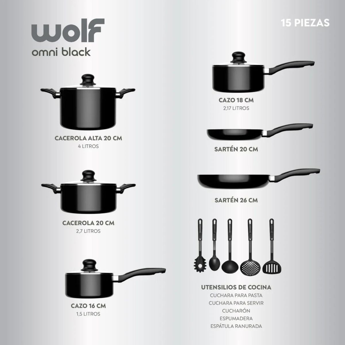 GENERICO - Batería Cocina 15 Piezas Aluminio Antiadherente Negro Wolf