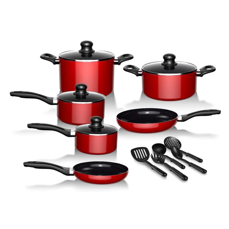 GENERICO - Batería Cocina 15Pzas Aluminio Antiadherente Rojo Wolf