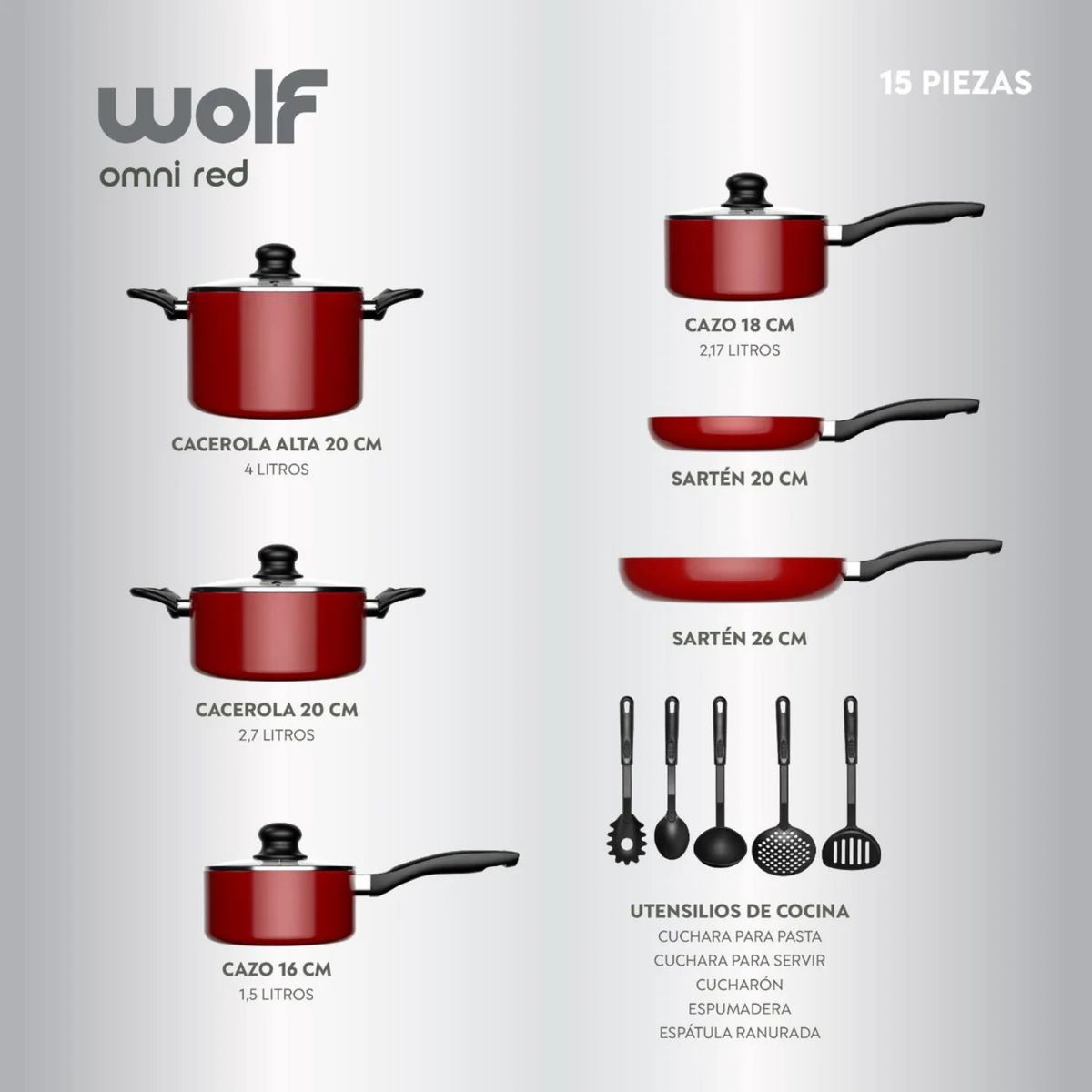 GENERICO - Batería Cocina 15 Piezas Aluminio Antiadherente Rojo Wolf