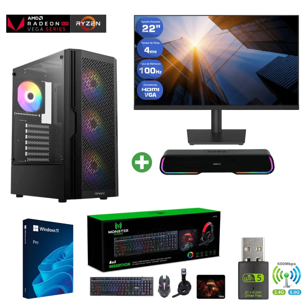 AMD CORP - Pc Gamer AMD 5 5600GT - 16GB Ram - Vega 7 - 1TB - (Monitor 22" + Parlante) AX20