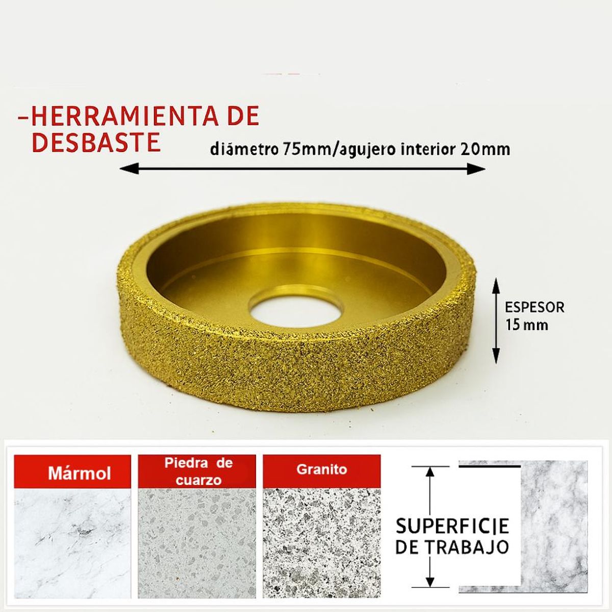 GENERICO - Disco Diamantado Borde Recto 75mm Para Pulido Piedra 15mm