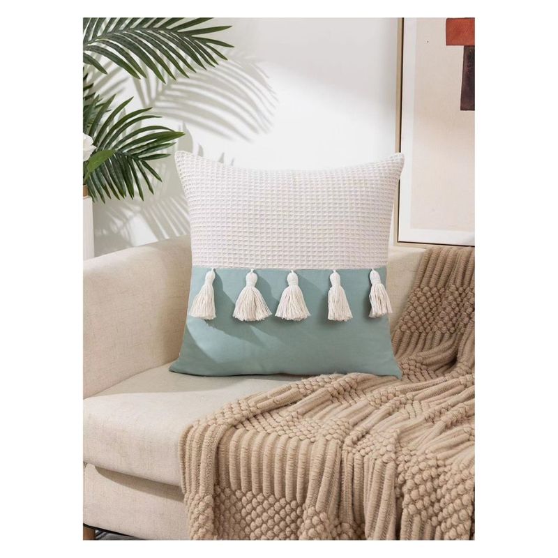 GENERICO - 2 Pack Cojín Funda Relleno Lino con Pompón 45 x 45 cm - Verde Agua