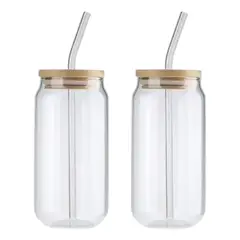 GENERICO - Pack 2 Vaso De Vidrio Con Bombilla Tapa De Bambu 550ml Cristal