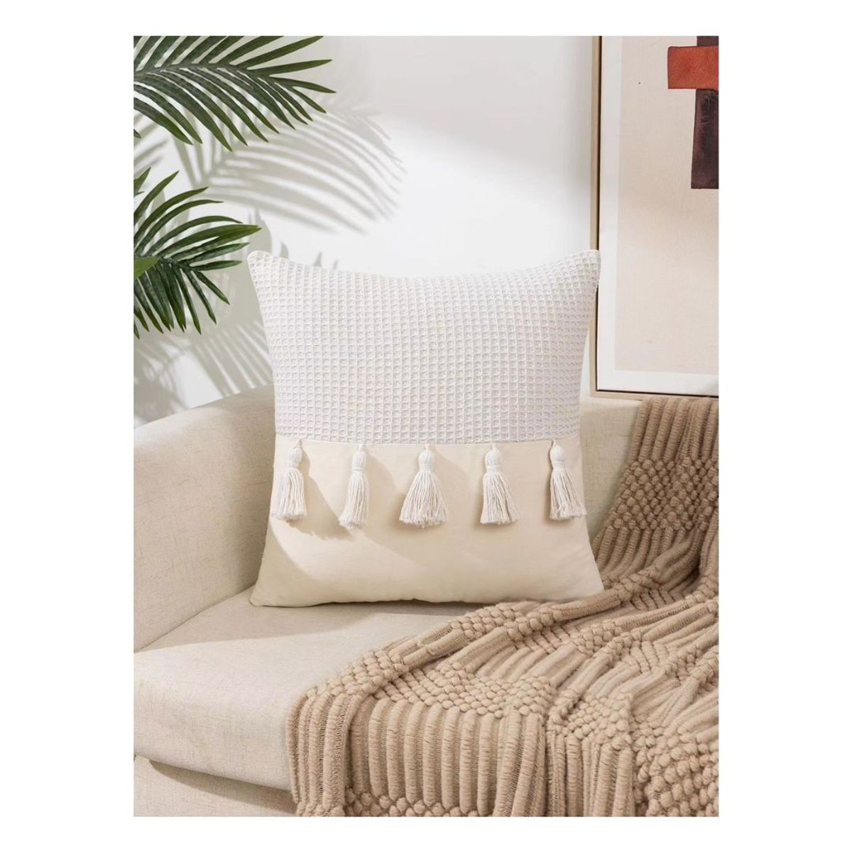 GENERICO - 2 Pack Cojín Funda Relleno Lino con Pompón 45 x 45 cm - Crema