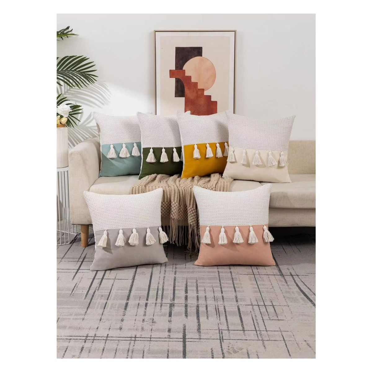 GENERICO - 2 Pack Cojín Funda Relleno Lino con Pompón 45 x 45 cm - Crema