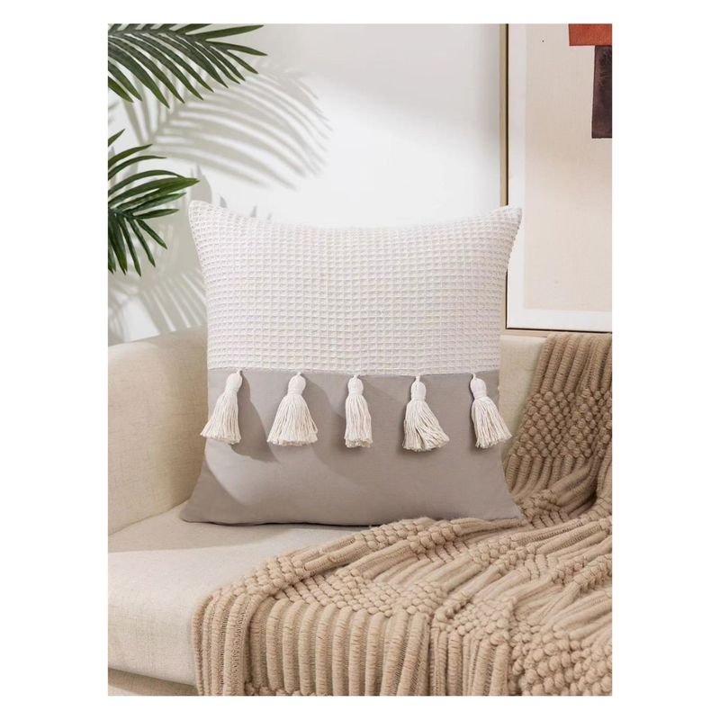 GENERICO - 2 Pack Cojín Funda Relleno Lino con Pompón 45 x 45 cm - Gris