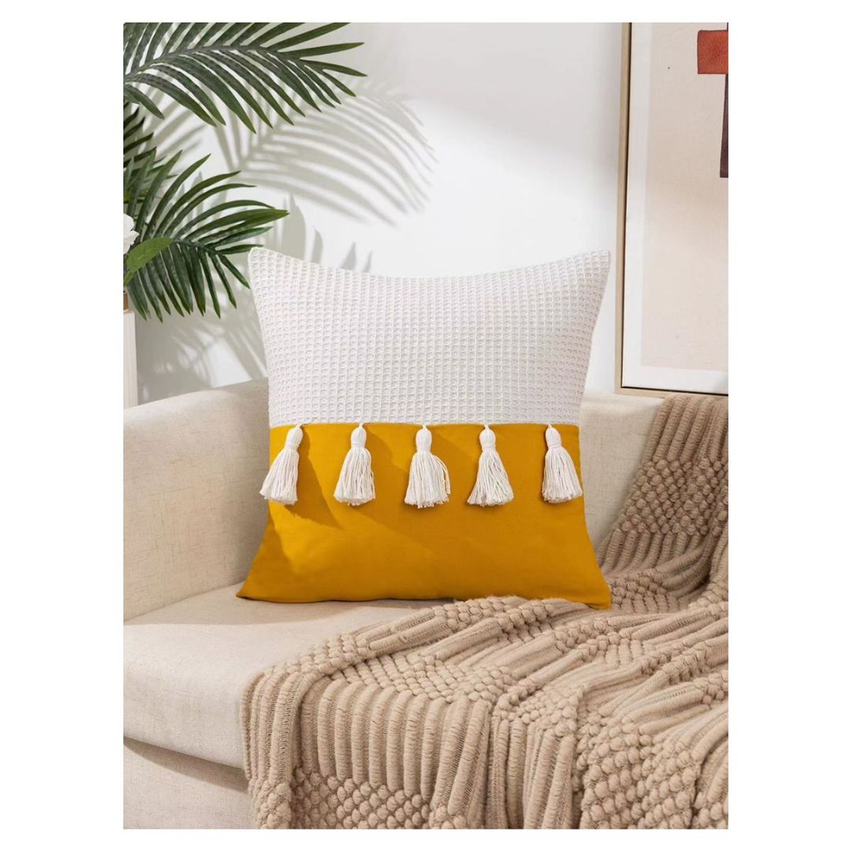 GENERICO - 2 Pack Cojín Funda Relleno Lino con Pompón 45 x 45 cm - Mostaza