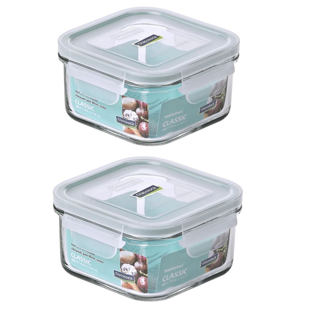 GLASSLOCK - Pack 2 Contenedores Vidrio Hermetico Cuad 490mL Glasslock