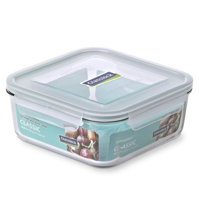 GLASSLOCK - Contenedor De Vidrio Hermetico Cuadrado 2600mL Glasslock