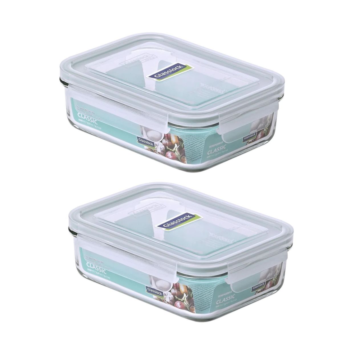GLASSLOCK - Pack 2 Contenedores Vidrio Hermetico Rect 1000mL Glasslock