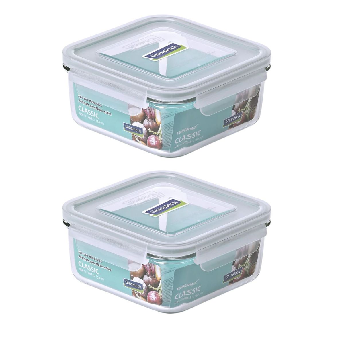 GLASSLOCK - Pack 2 Contenedores Vidrio Hermetico Cuad 1200mL Glasslock