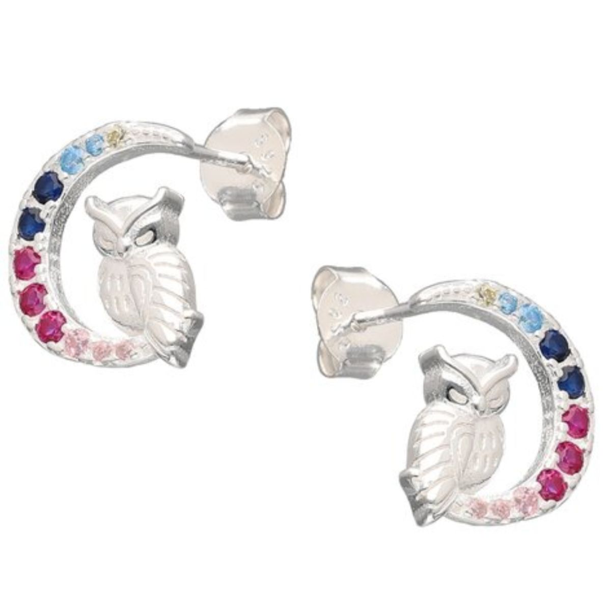 LK LUKSO - Aros de Media Luna y Búho en Plata 925 con Circones Multicolor
