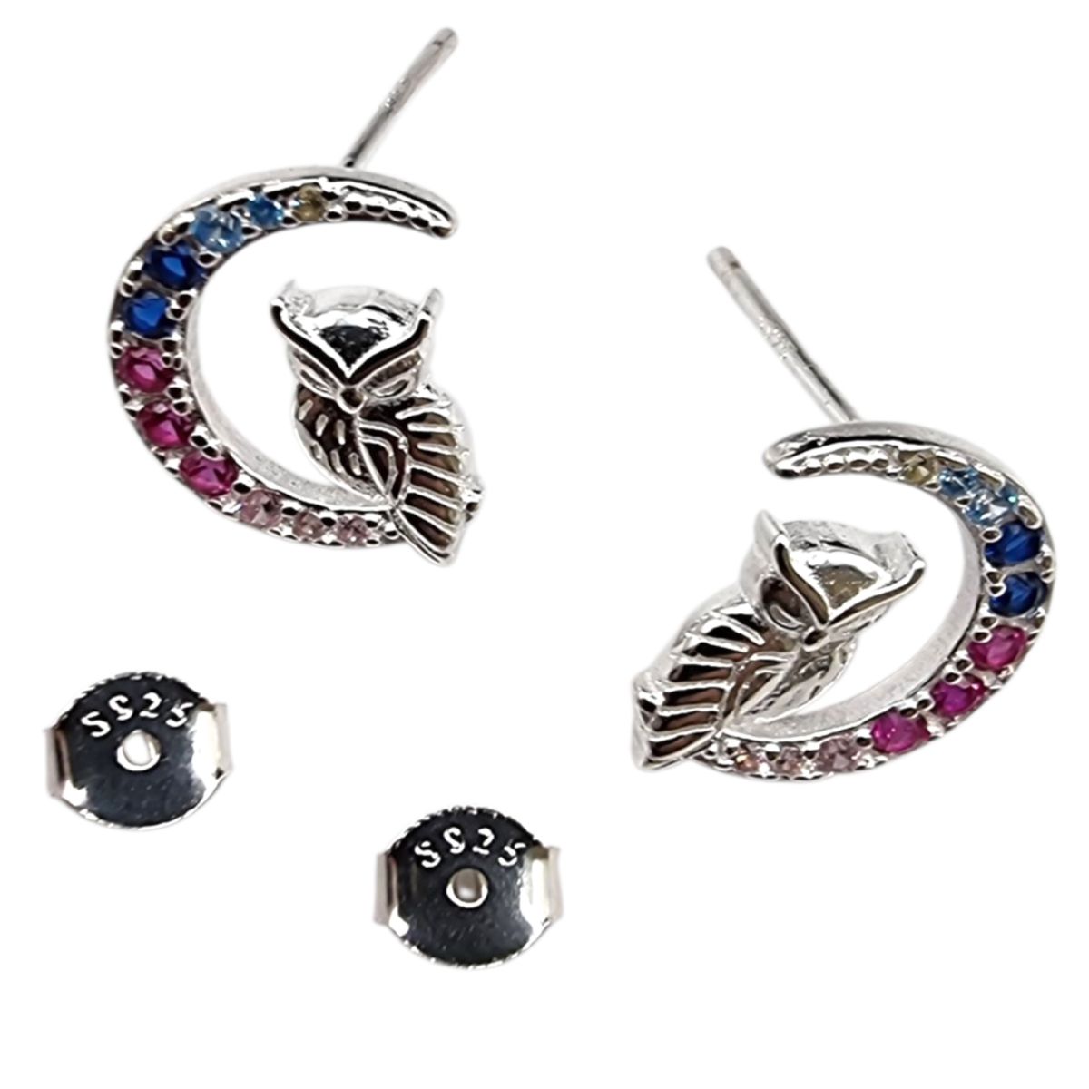 LK LUKSO - Aros de Media Luna y Búho en Plata 925 con Circones Multicolor