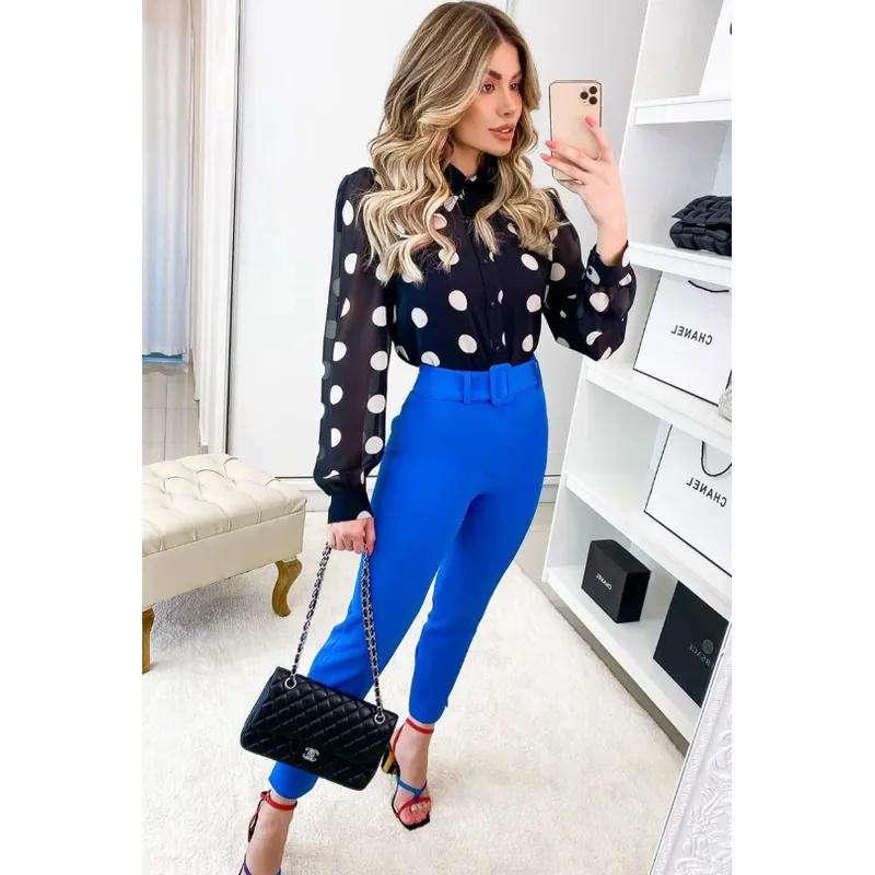 VELVET - Pantalon Sevilla Con Cinturon Azul Mujer