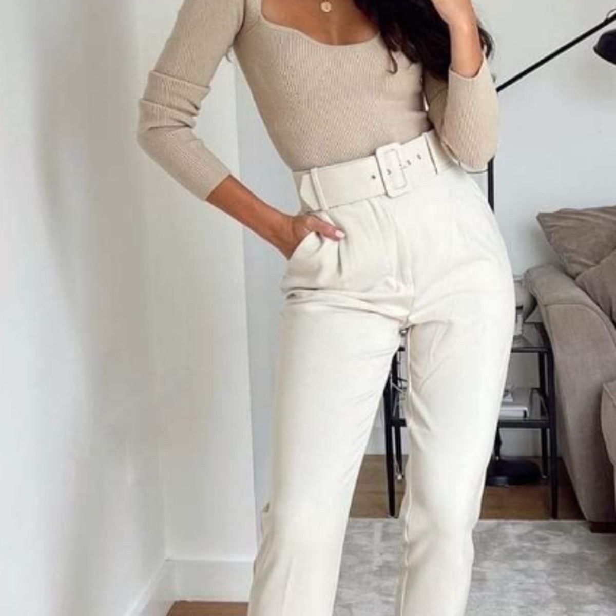 VELVET - Pantalon Sevilla Con Cinturon Blanco Mujer
