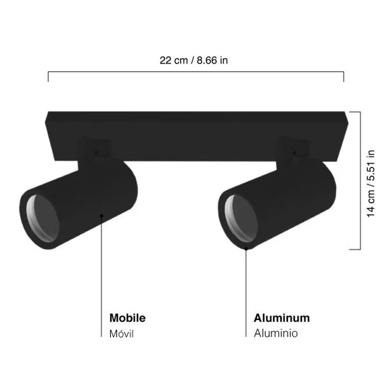 LISM - Aplique Doble Negro Sobrepuesto Para Techo Muro 2 Foco Móvil