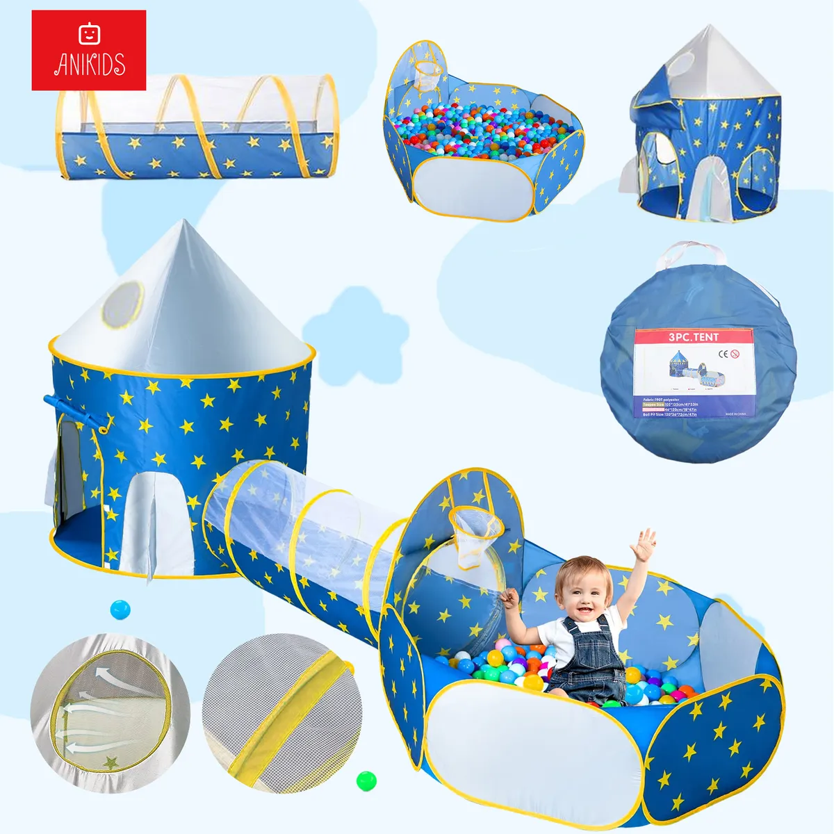 ANIKIDS - Carpa De Juegos Infantil 3 En 1 Castillo Piscina Tunel Niños