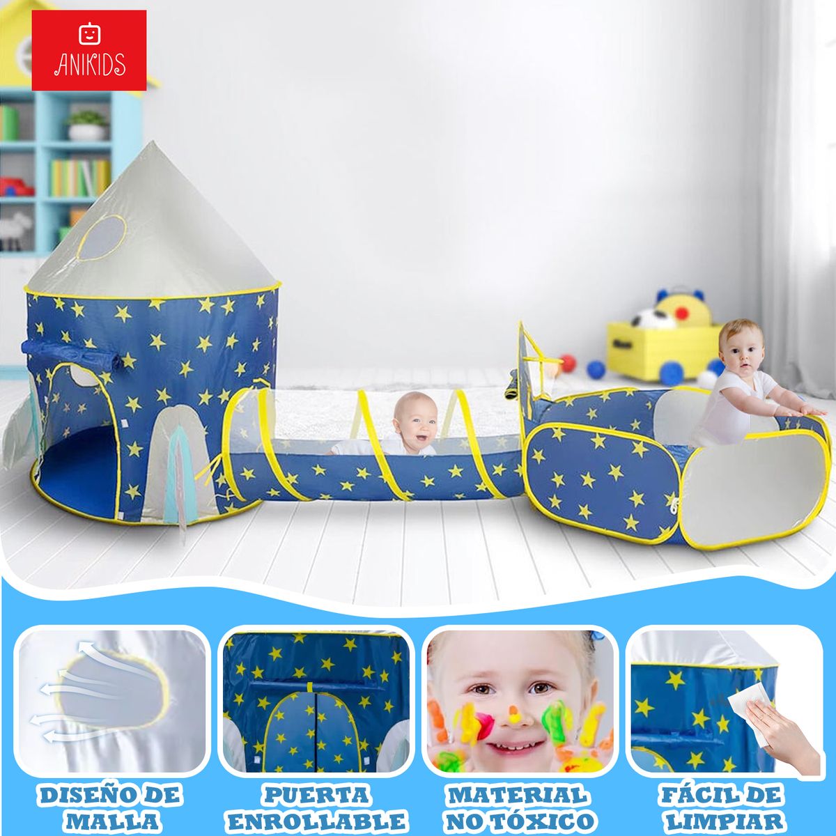 ANIKIDS - Carpa De Juegos Infantil 3 En 1 Castillo Piscina Tunel Niños