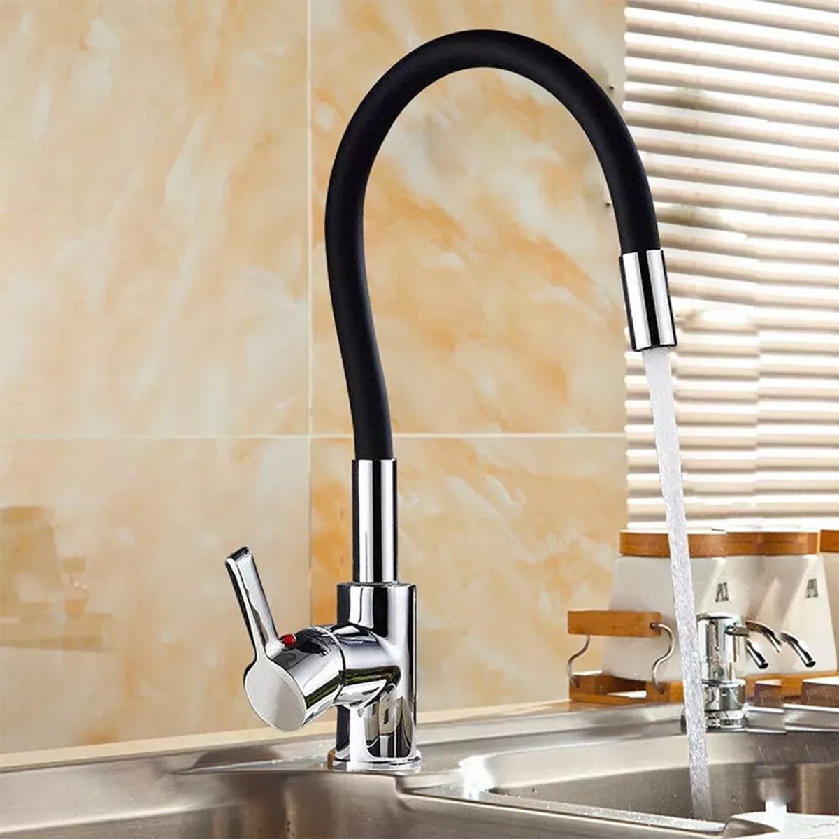 ATURE - Llave Lavaplatos Monomando Cuello Flexible Negro Giratorio