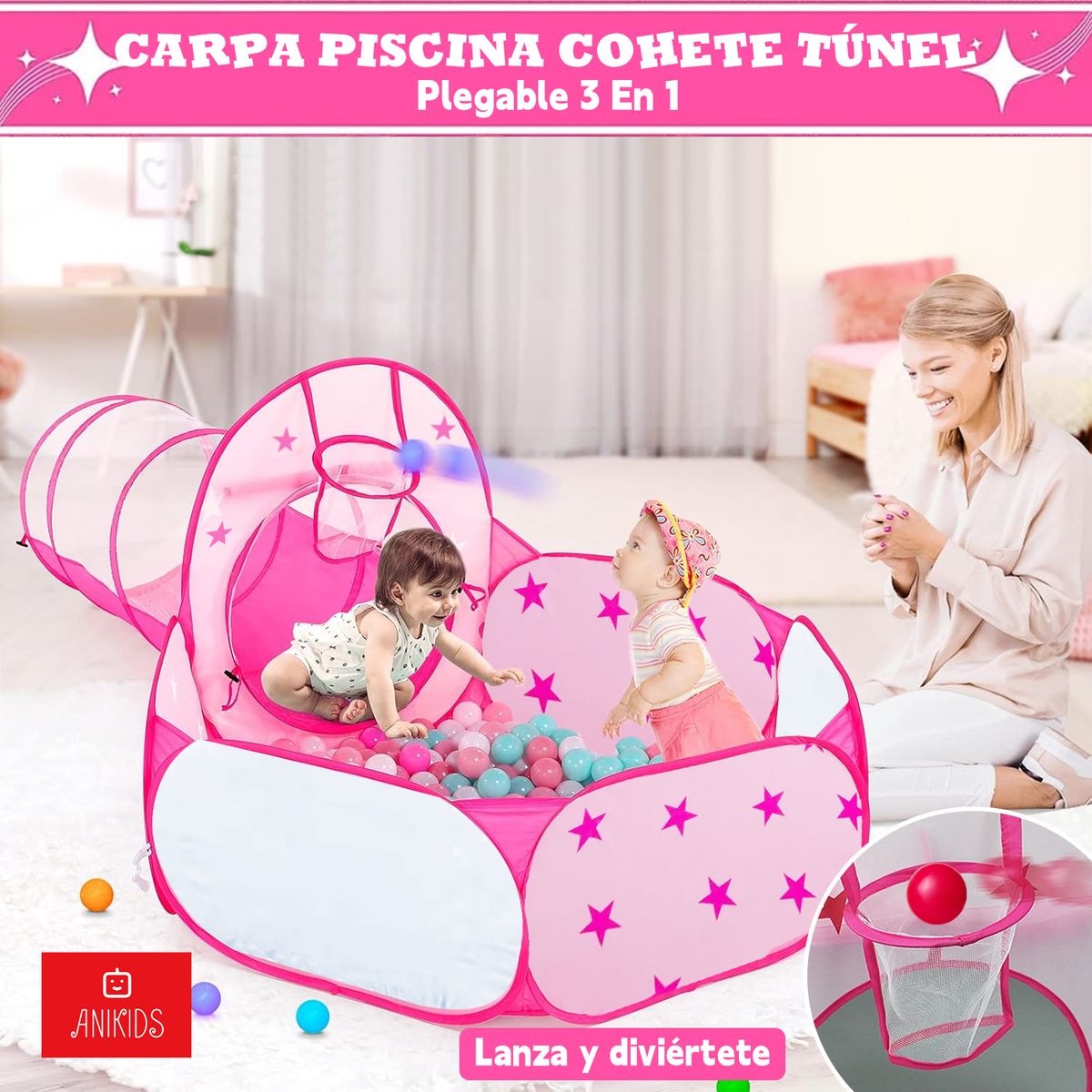 ANIKIDS - Carpa De Juegos Infantil 3 En 1 Castillo Piscina Tunel Niñas