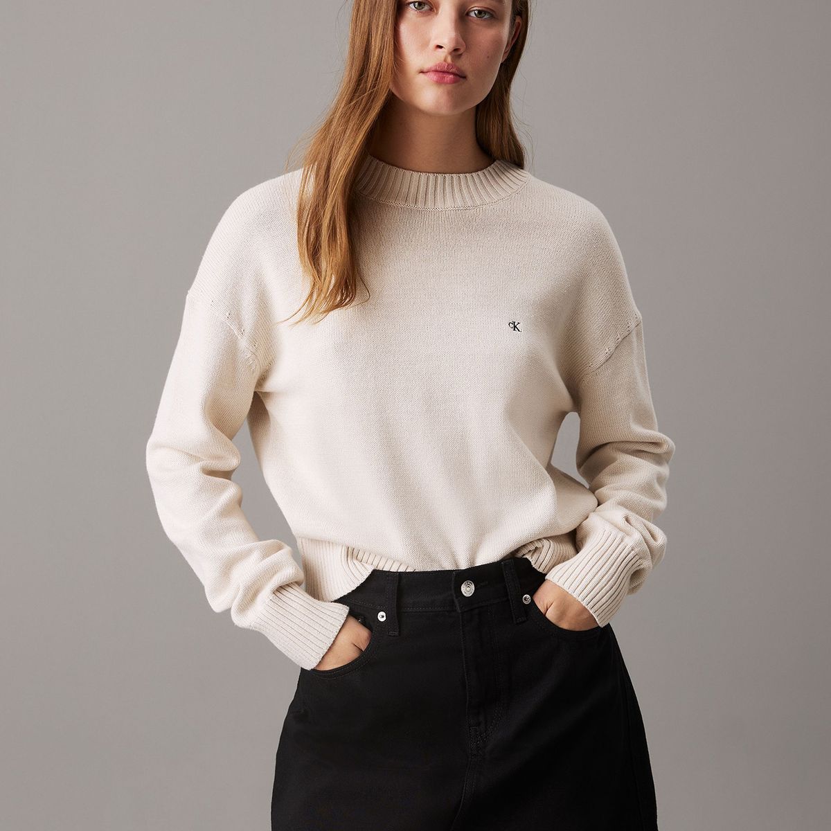 CALVIN KLEIN - Sweater de algodón con monograma Beige Calvin Klein