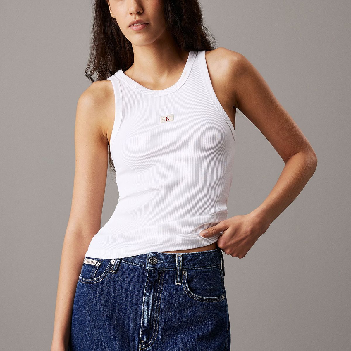 CALVIN KLEIN - Polera slim de tirantes de canalé de algodón Blanco Calvin Klein