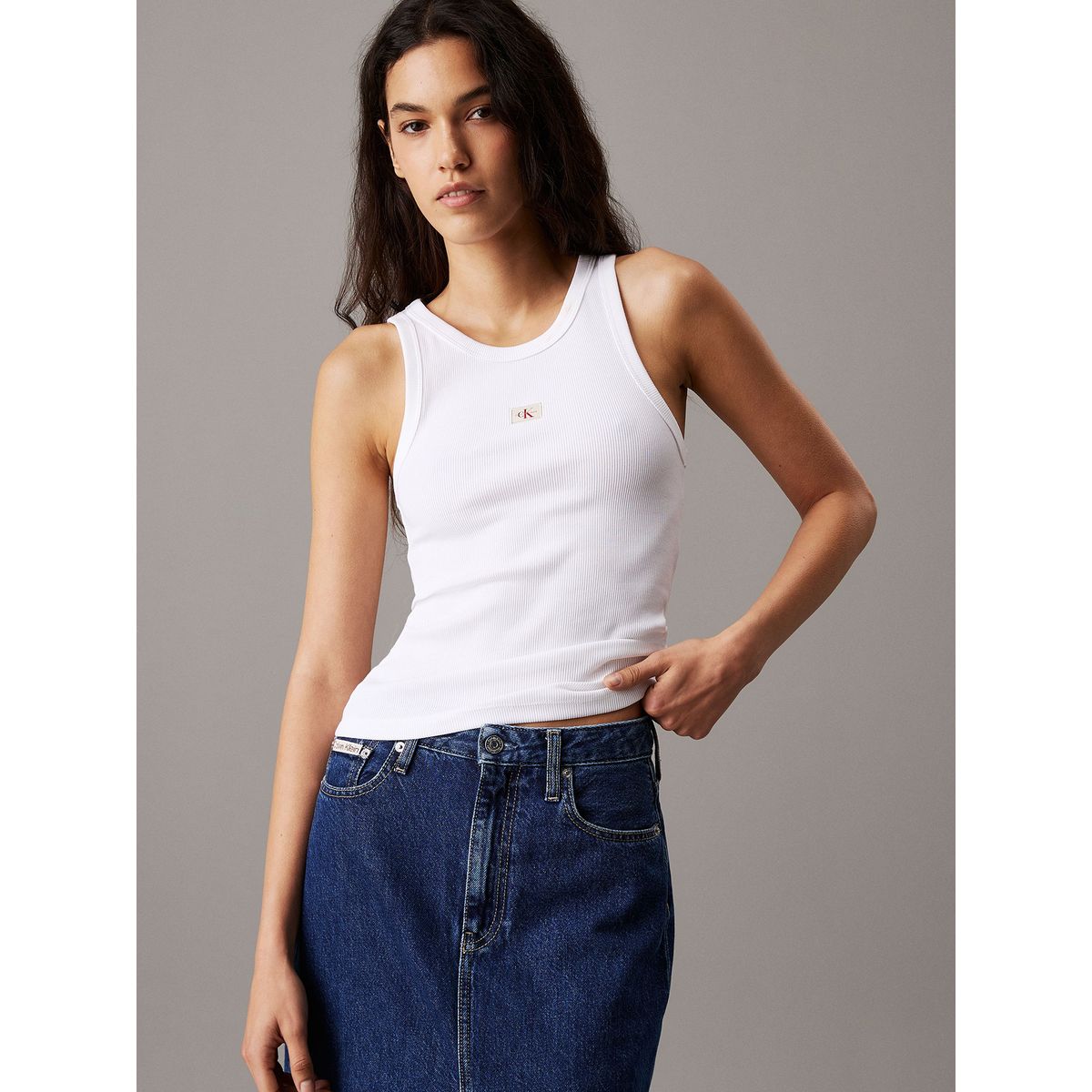 CALVIN KLEIN - Polera slim de tirantes de canalé de algodón Blanco Calvin Klein