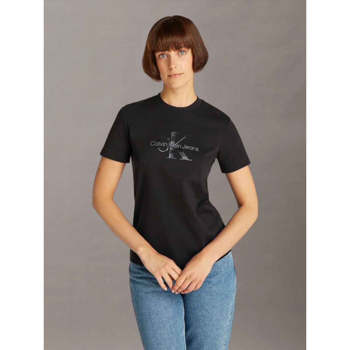 CALVIN KLEIN - Polera regular con monograma brillante Negro Calvin Klein