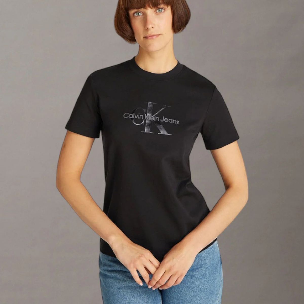 CALVIN KLEIN - Polera regular con monograma brillante Negro Calvin Klein