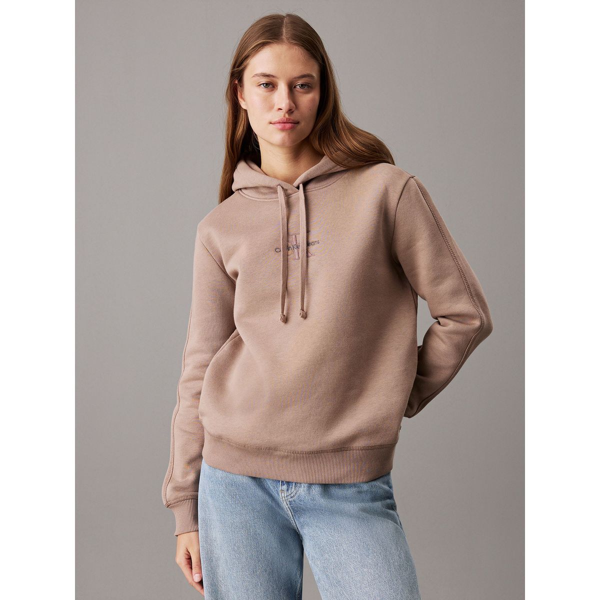 CALVIN KLEIN - Polerón de felpa con gorro y monograma Beige Calvin Klein