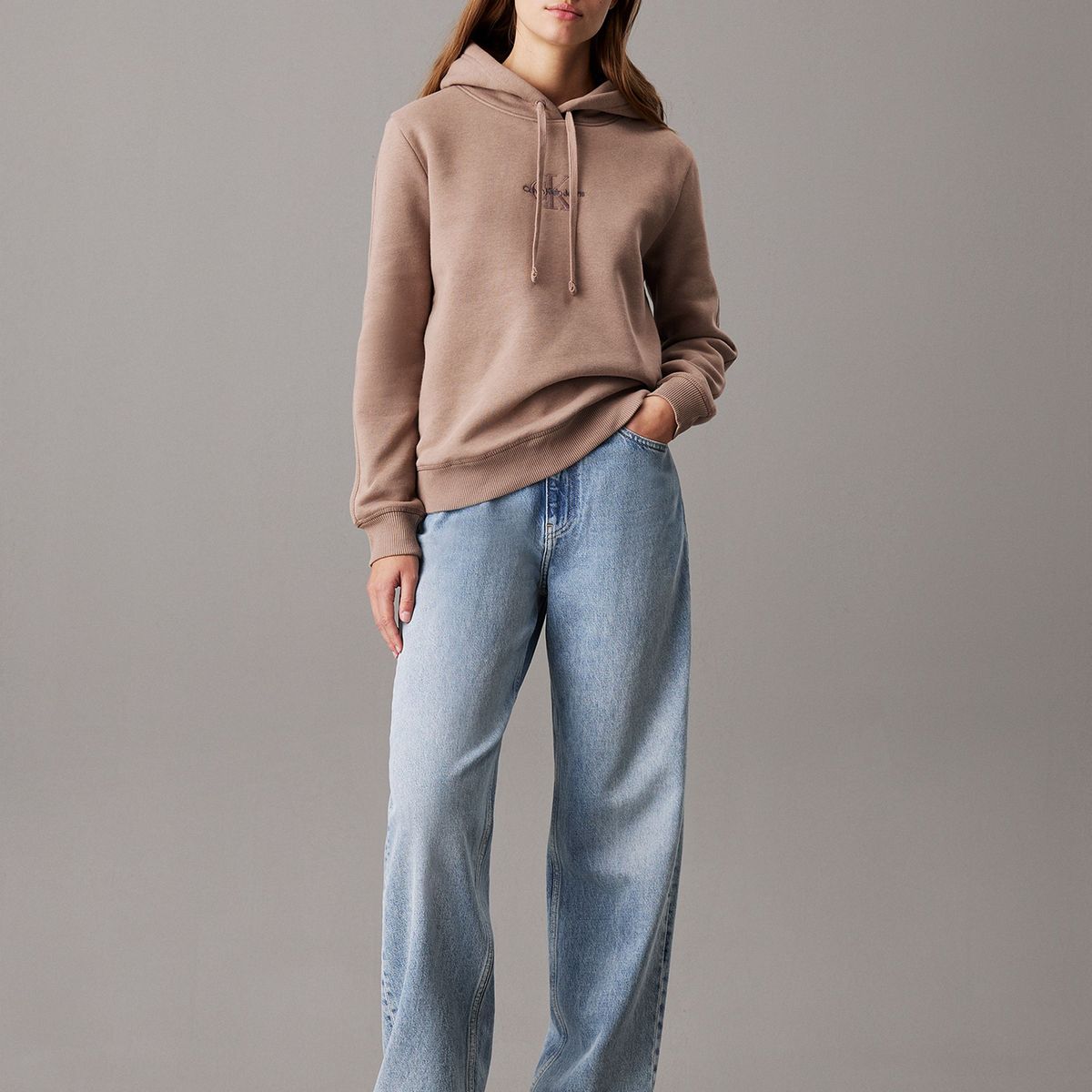 CALVIN KLEIN - Polerón de felpa con gorro y monograma Beige Calvin Klein