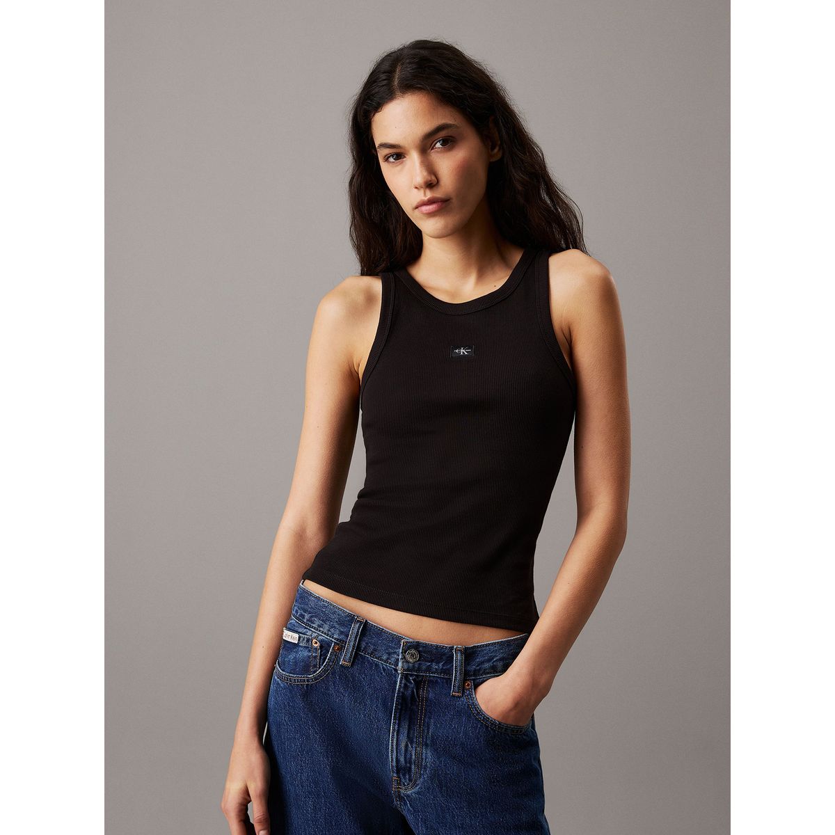 CALVIN KLEIN - Polera slim de tirantes de canalé de algodón Negro Calvin Klein