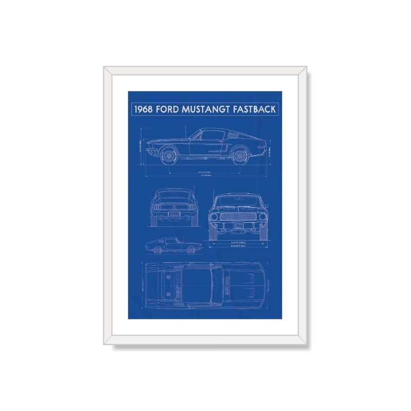 ALCUADRADO - Cuadro Individual Planos 1968 Ford Mustang Fastback, Blanco 50x40