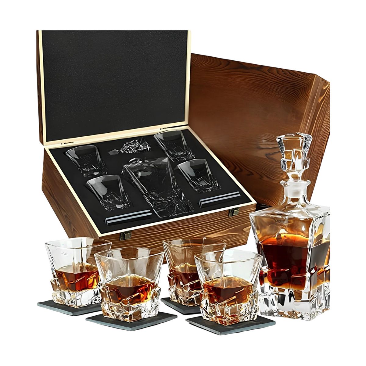 TOLVA - Set caja madera con botella whisky con 4 vasos y posavasos