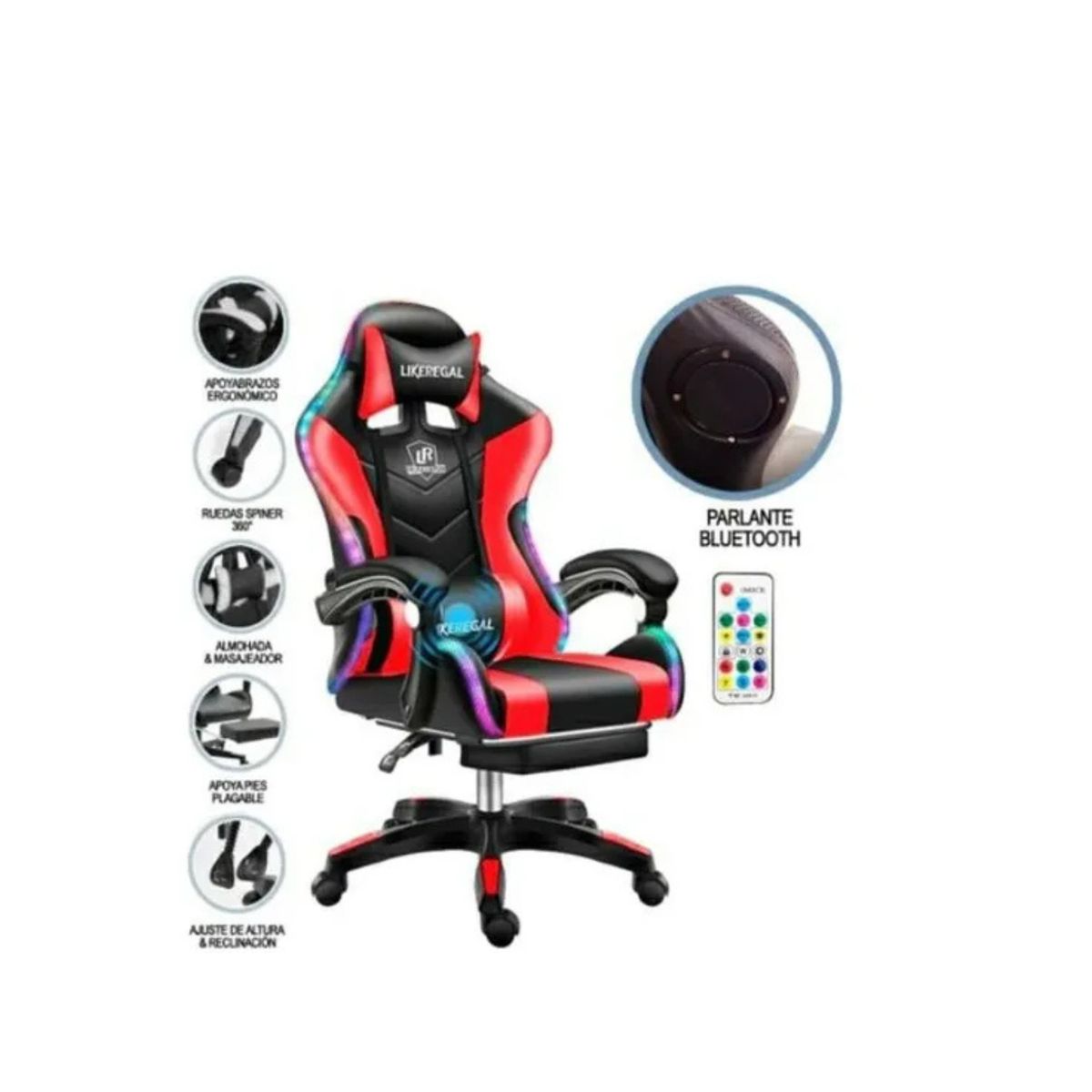 GENERICO - Silla De Escritorio Gamer Ergonómica Luz Led Rgb Masajeador color rojo  SKU CF