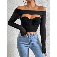 GARSIL - Crop Top Para Mujer - Hombros Descubiertos Y Escote De Manga Larga