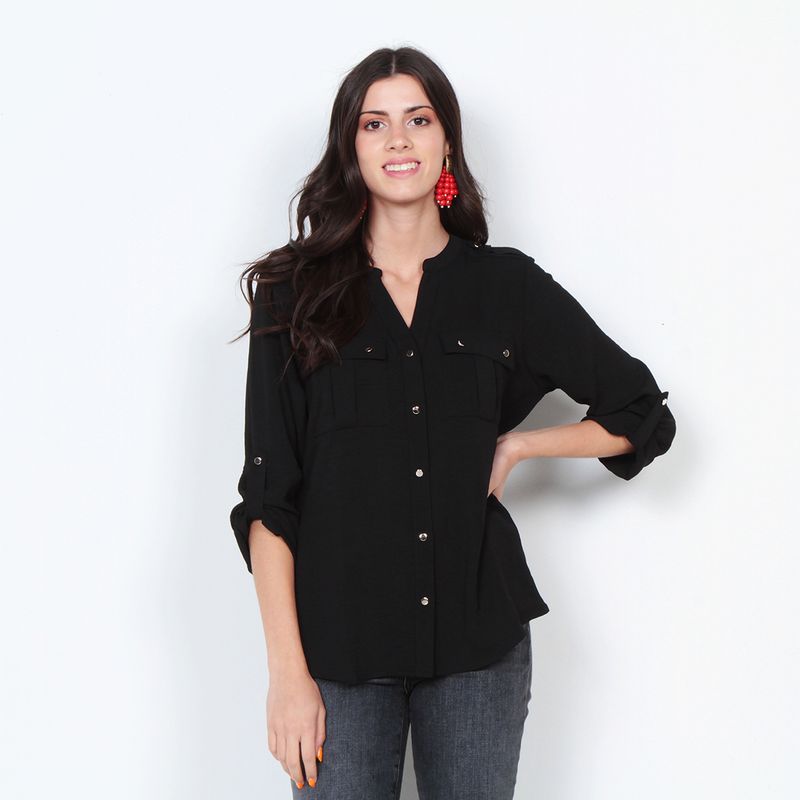 WADOS - BLUSA MANGA LARGA SOLIDA CON CUELLO MAO Y BOLSILLOS