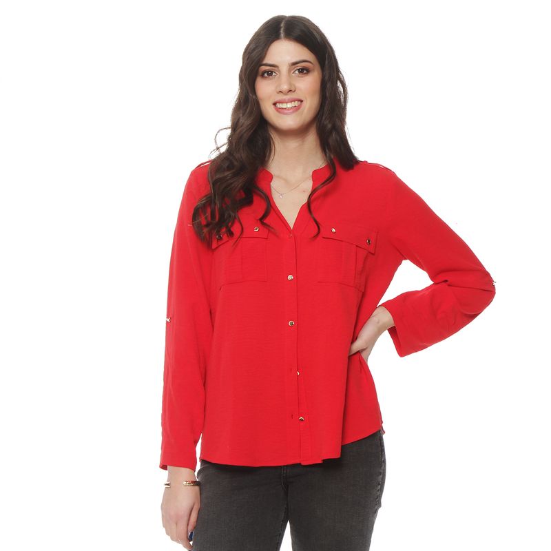 WADOS - BLUSA MANGA LARGA SOLIDA CON CUELLO MAO Y BOLSILLOS