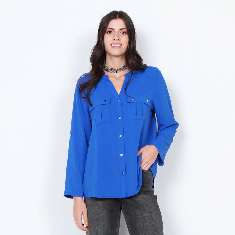 WADOS - BLUSA MANGA LARGA SOLIDA CON CUELLO MAO Y BOLSILLOS